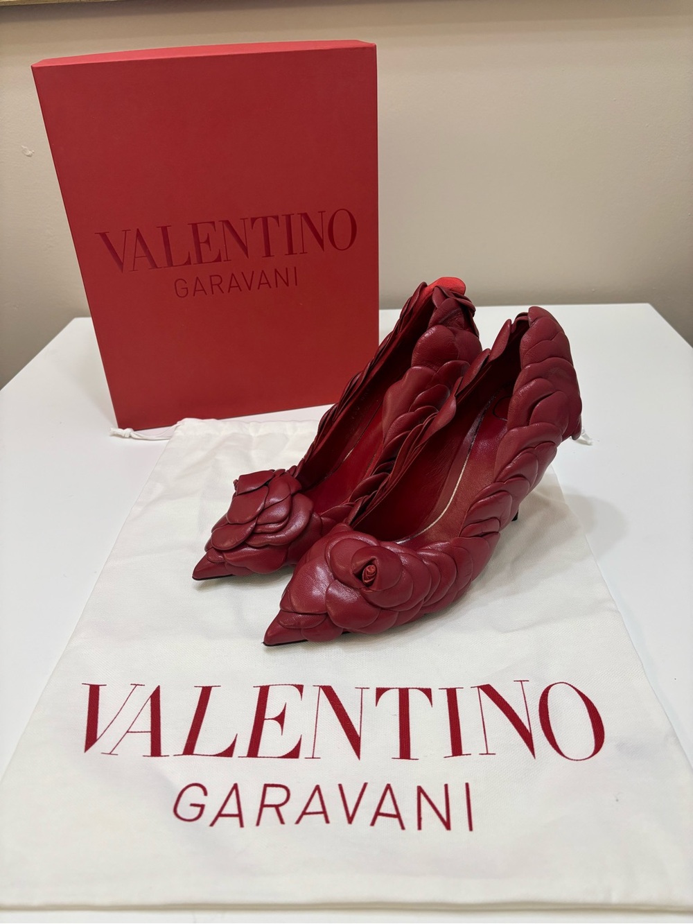 Valentino Garavani Atelier Rose Edition Red Leather Pumps Size 37.5 NWT